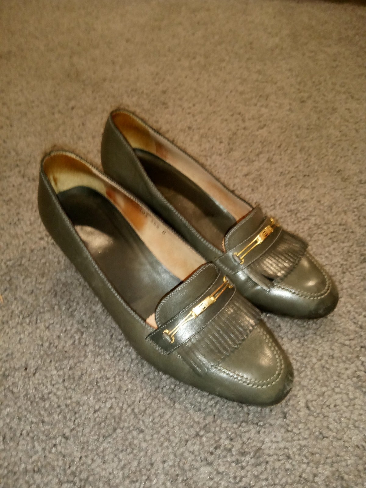 Gucci Vintage Tassel Gray Leather Gold Logo Bit Pumps Loafers Shoes Heels, 36.5