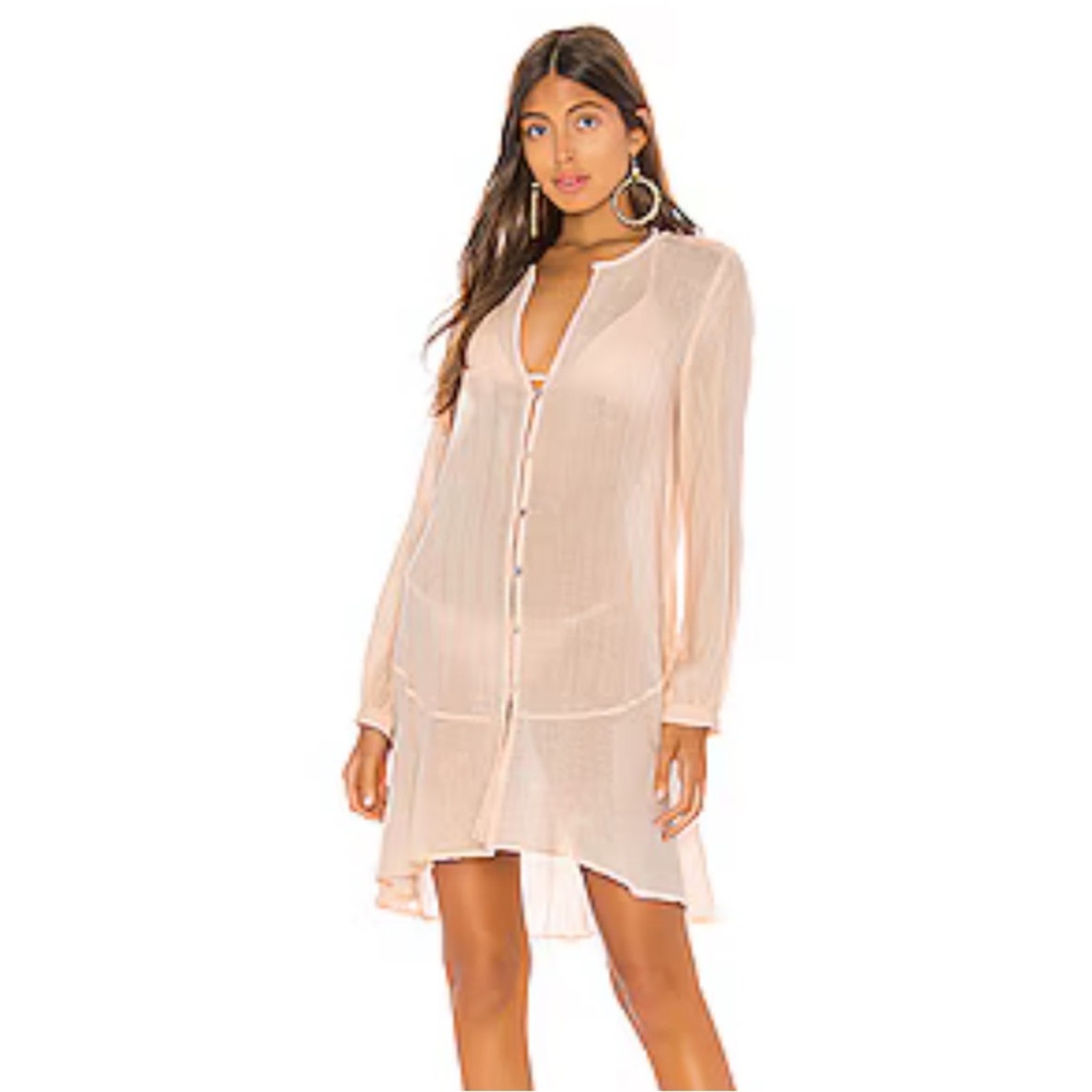 Vix Paula Hermanny Steph Cover Up Chemise Ivory Sz Small Button-Front Cotton L/S
