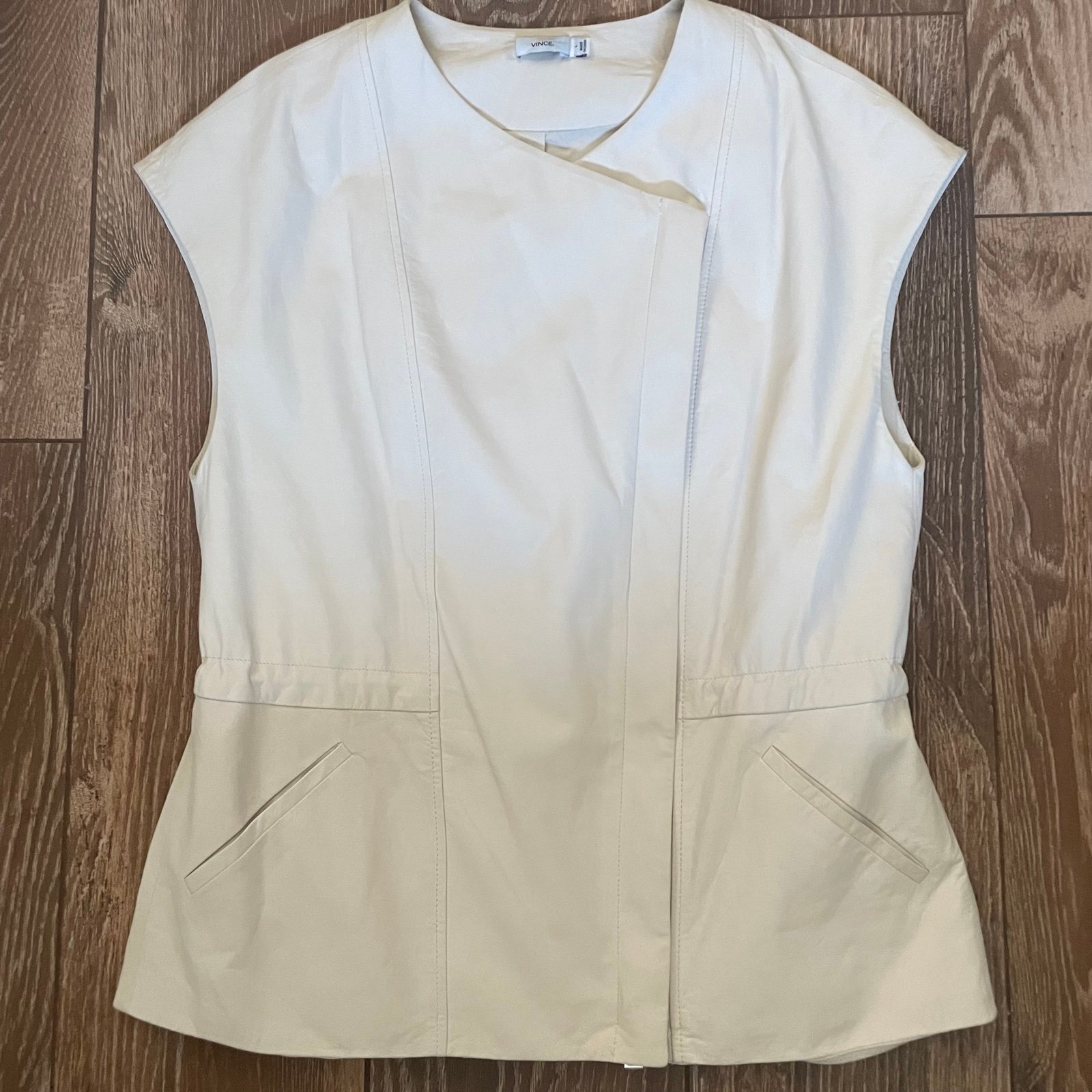Vince Cap Sleeve 100% Lamb Leather Stone Ivory Vest Double Zip Closure Wms Sz L