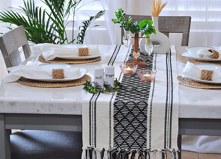 Table Runner with Tassel 14 x 72 Inches, Black & Cream | Woven Washable Dresser