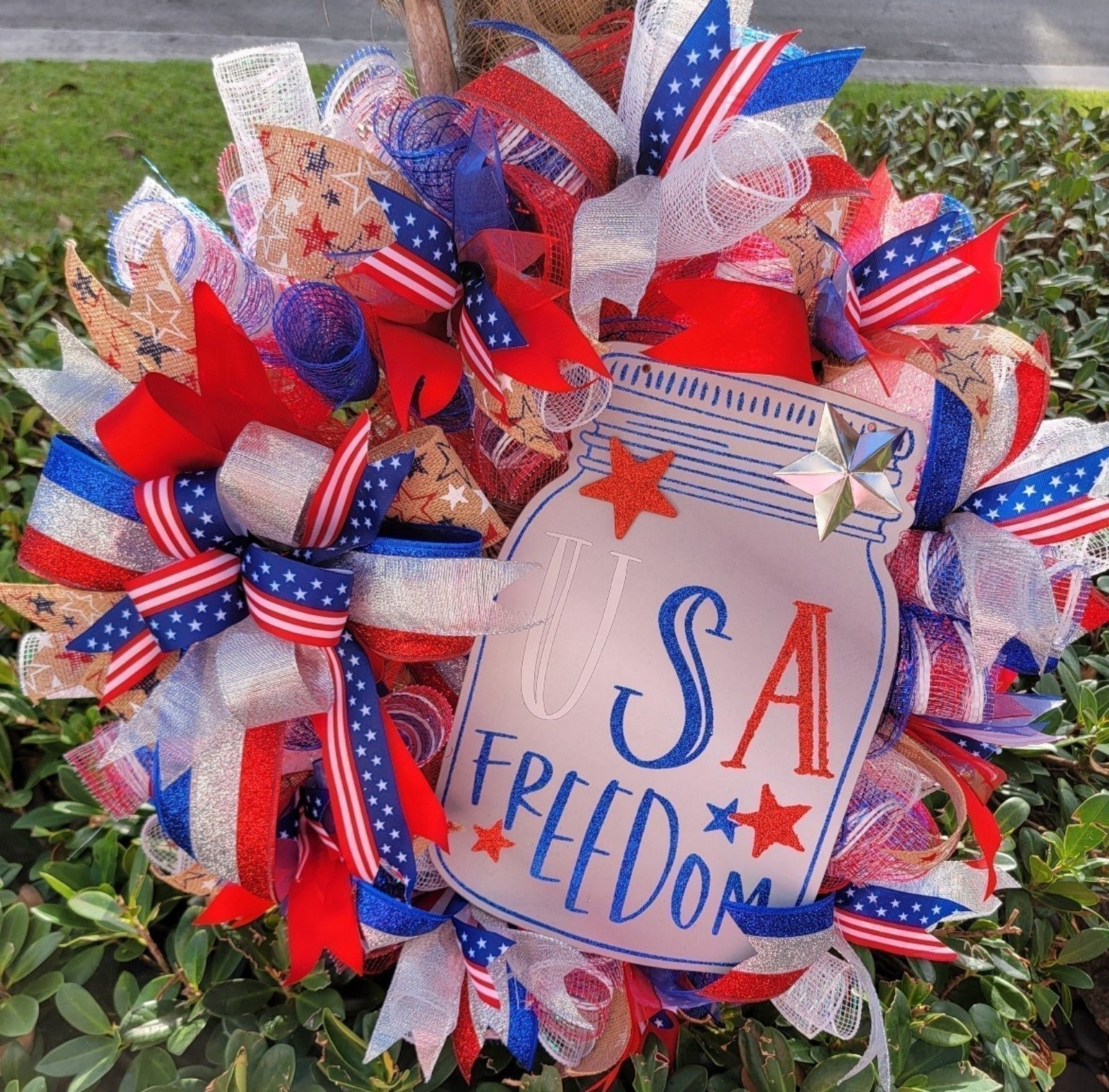 Patriotic Freedom Wreath, Deco Mesh Wreath, Front Door Decor Wreath.