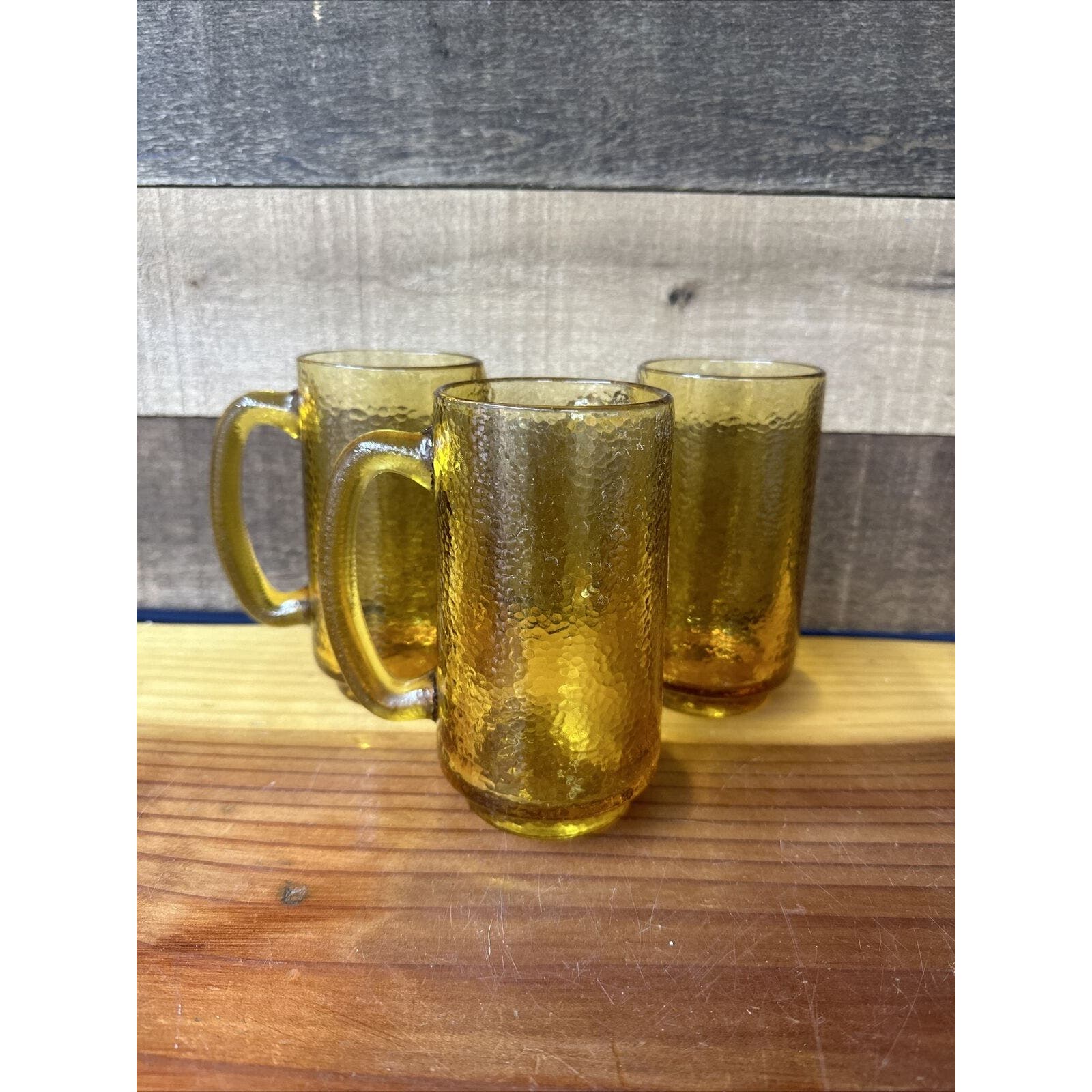 Textured Amber Tall Glass Mugs Set of 3 Beer Root Beer Coffee 5.5” Heavy