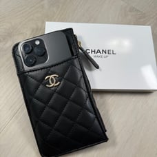 Chanel black quilted cosmetic makeup bag and phone holder