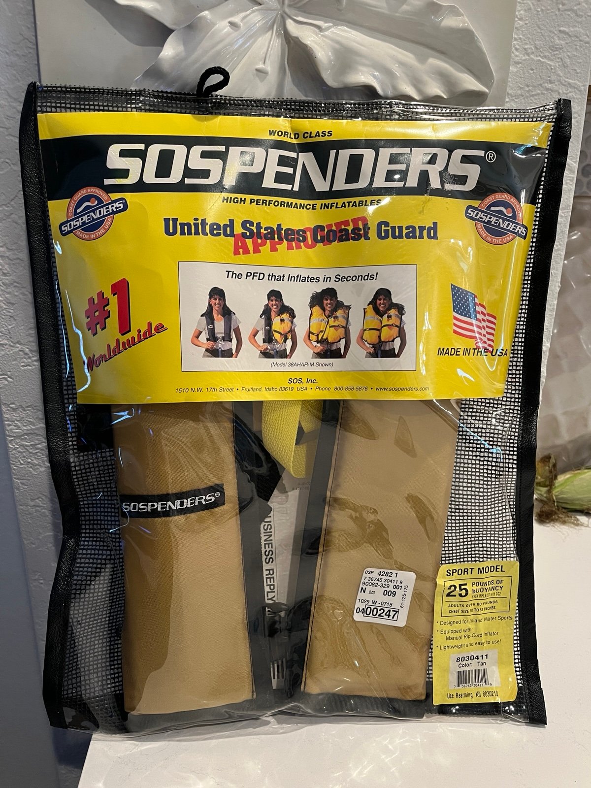 New Sospenders Sports Model 8030411 Tan Inflatable Safety PFD