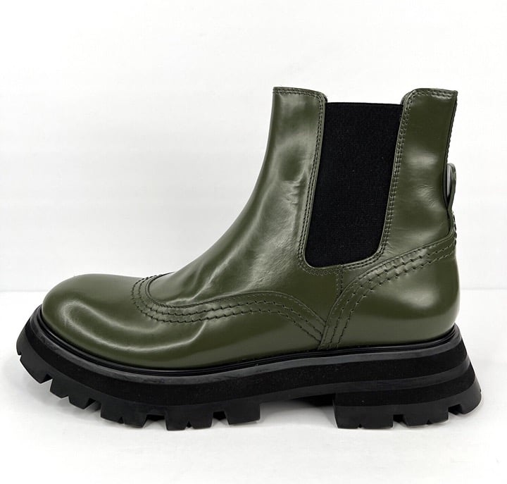 Alexander McQueen Wander Army Green Platform Patent Leather Chelsea Boots EU 39