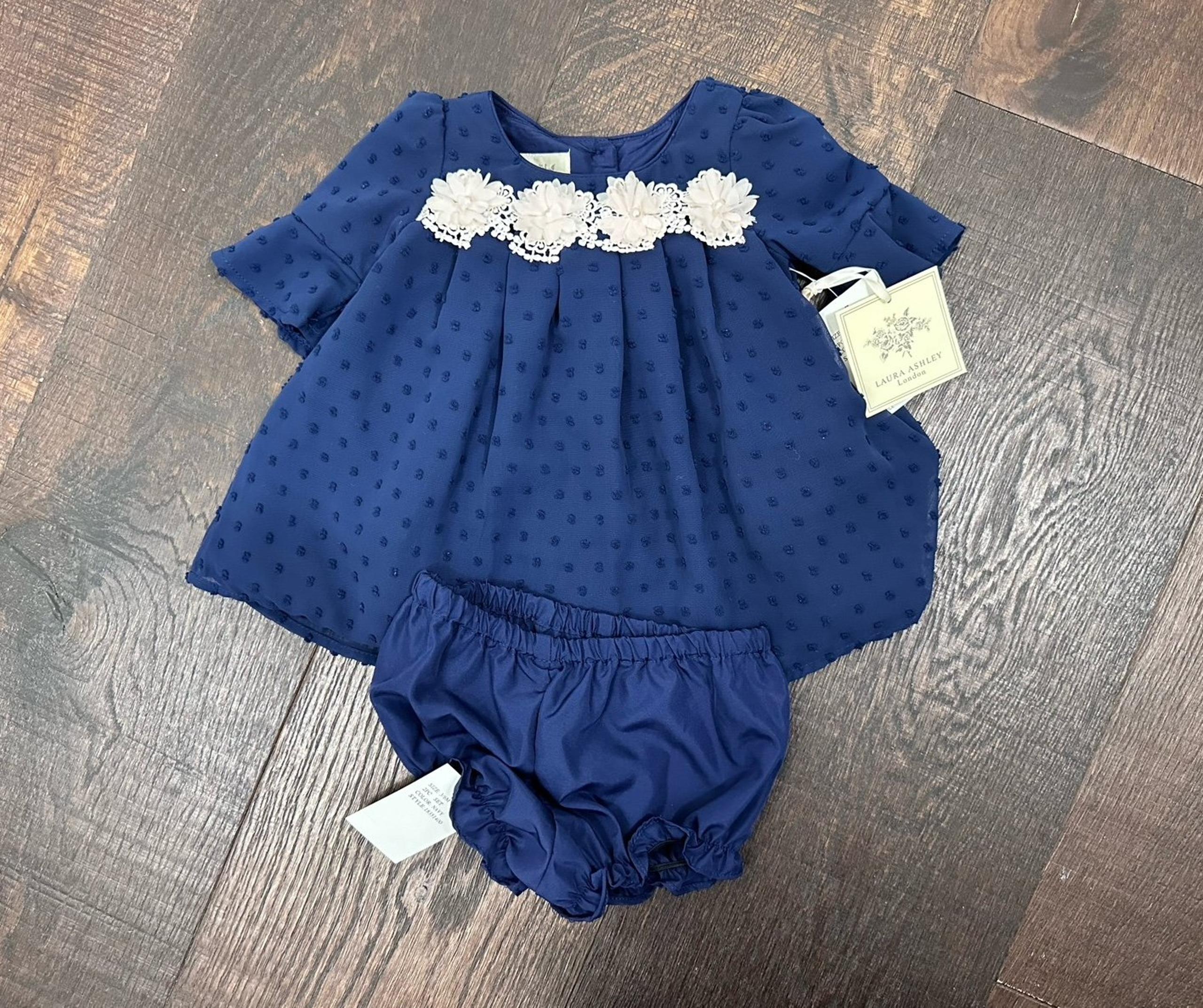 NWT Laura Ashley infant size 3/6m Bell Sleeve Clip Dot Navy Dress