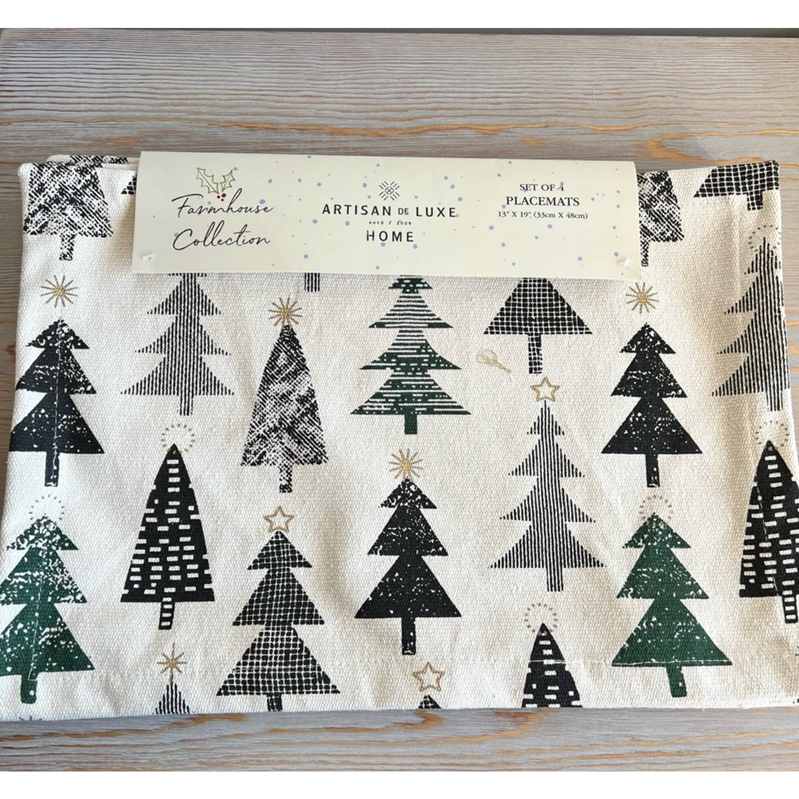 Set of Four Cream Placemats With Pattern of Varied Green Pine Trees - NWT