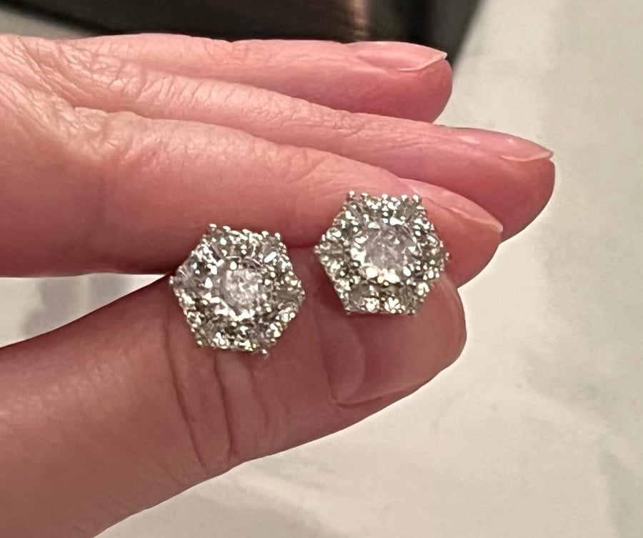 Silver Diamond Hexagon Stud Earrings