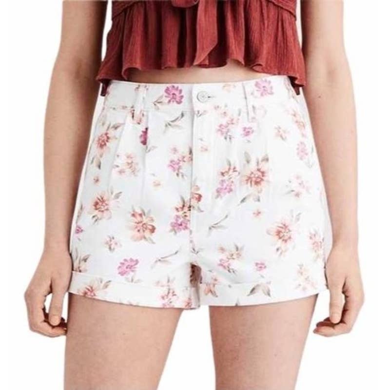 New AEO American Eagle Floral High Rise Mom Denim Jean Shorts Sz 4 White Pink