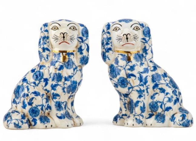 Vintage Style Staffordshire Reproduction Blue Flowers Dogs Pair Figurines-6 H