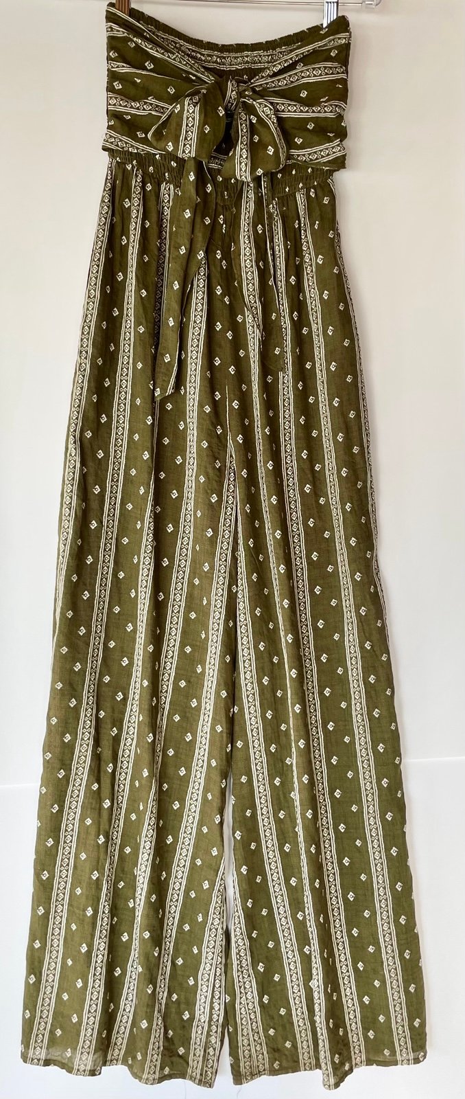 LULUS Strapless Tie Front Jumpsuit XS Olive Green White Pattern Boho Festival
