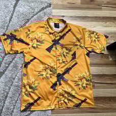 OAF Nation Hawaiian Button Shirt Men’s Sz 2XL Gun Rifle Flowers Orange Tropical