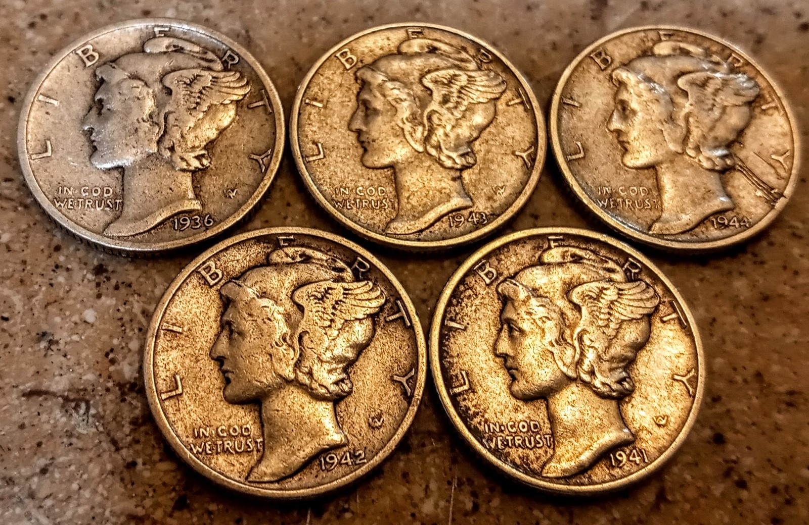 Lot of five Mercury silver dimes
