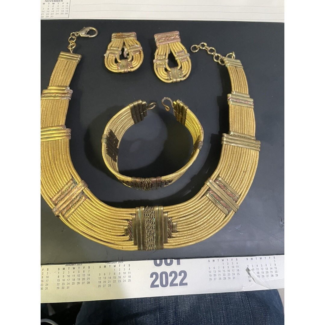 Vtg Alexis Kirk Leather, Brass & Copper Tribal Necklace earring bracelet