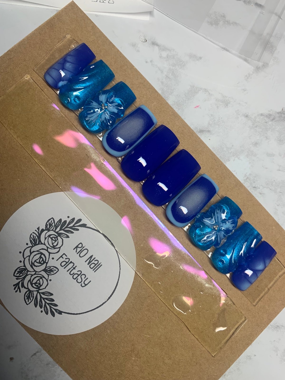 Blue Nails, Medium Length, 3D Flower Nail Art