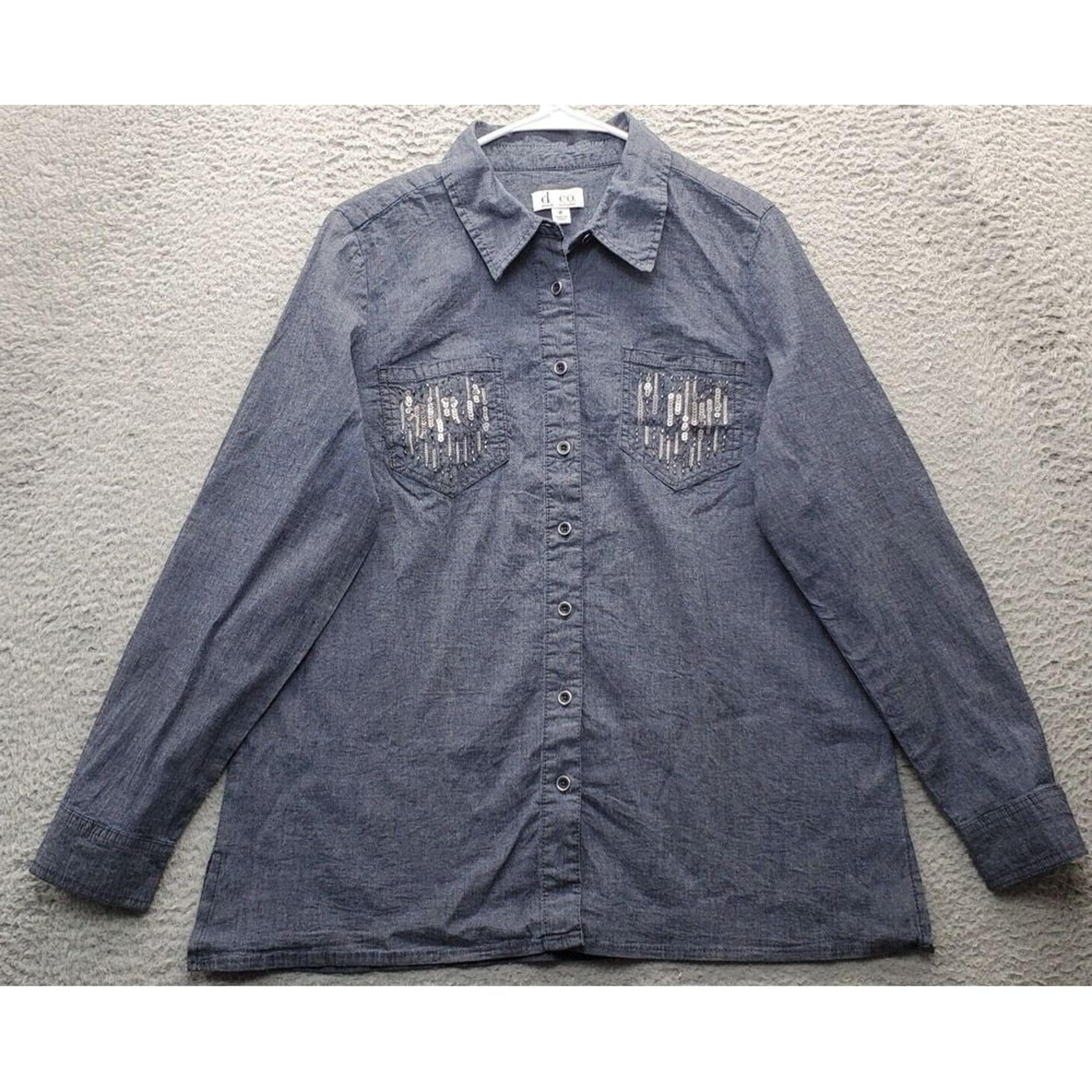 Denim & Co. Shirt Womens Medium Blue Cotton Sequin Pockets Collared Button Down