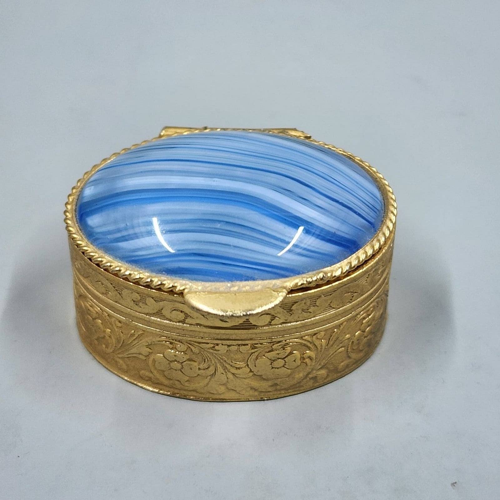 Vintage Pill Box/ Trinket Box- Gold with Blue Stone