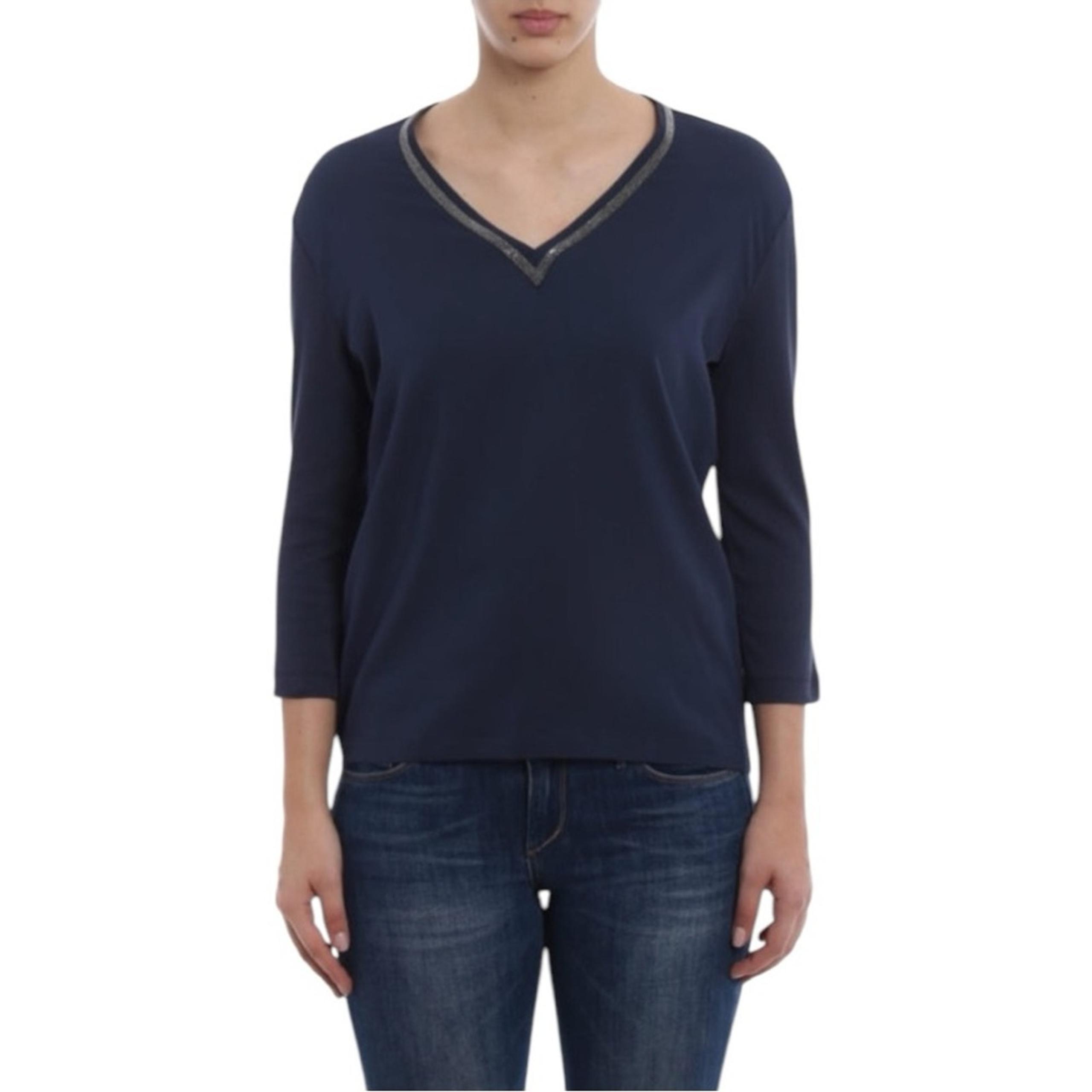 Fabiana Filippi Metallic Trim V-Neck Sweater Top in Navy Blue S