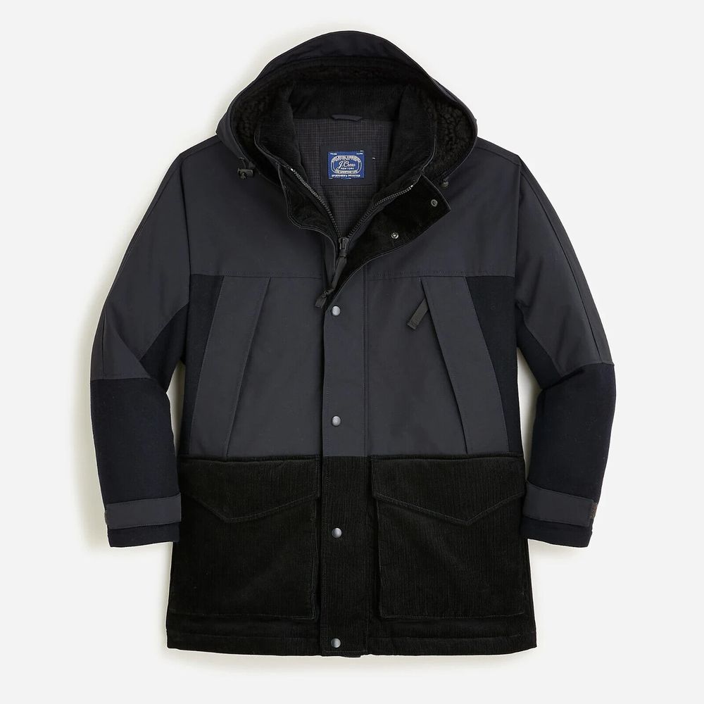 J. Crew Men's Banff Hooded Parka Coat Black Softshell w/ Corduroy M - 398 NWT