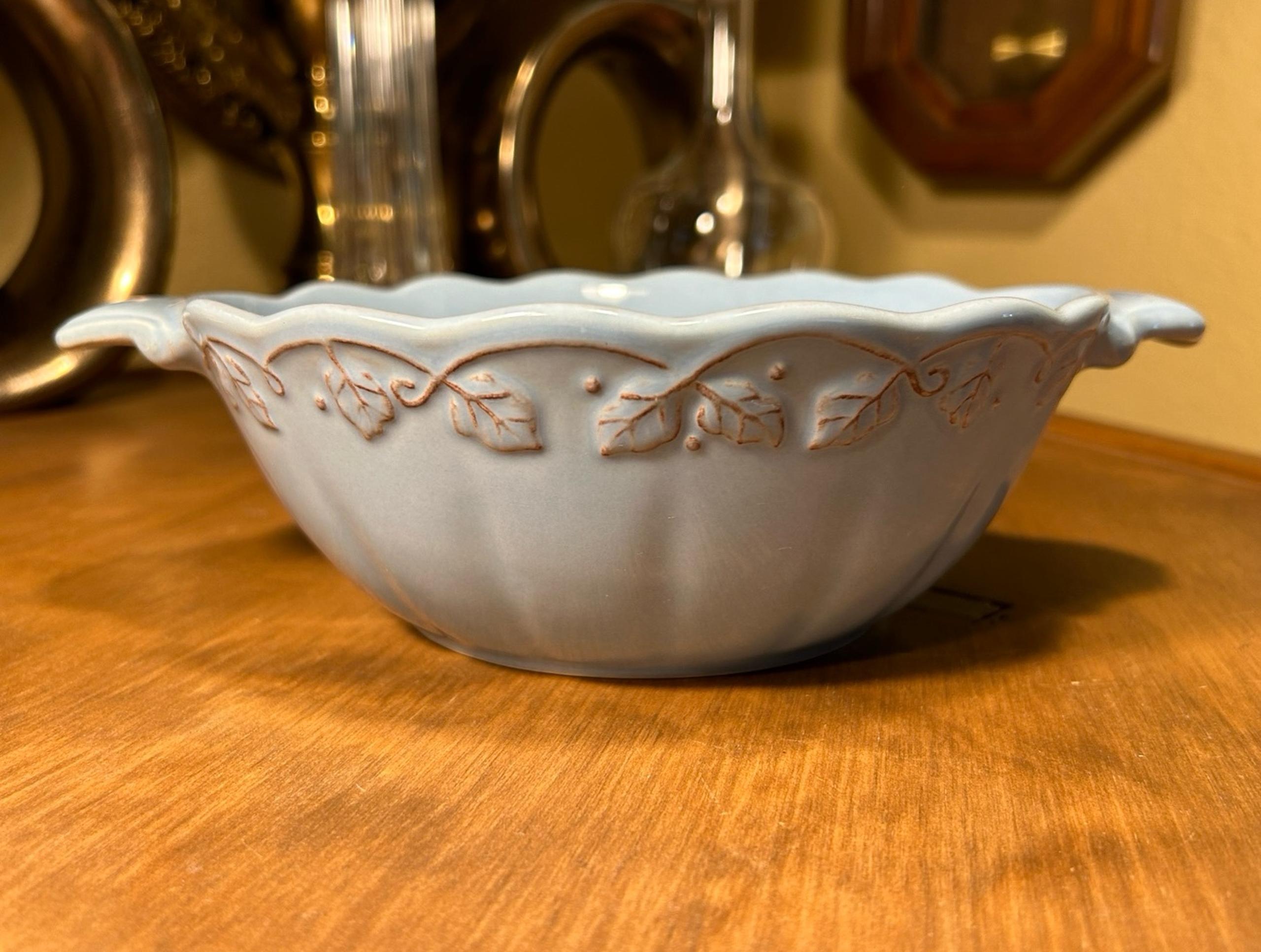 Longaberger Vintage 11” Vine Mist Blue Vegetable Serving Bowl w/Handles Rare