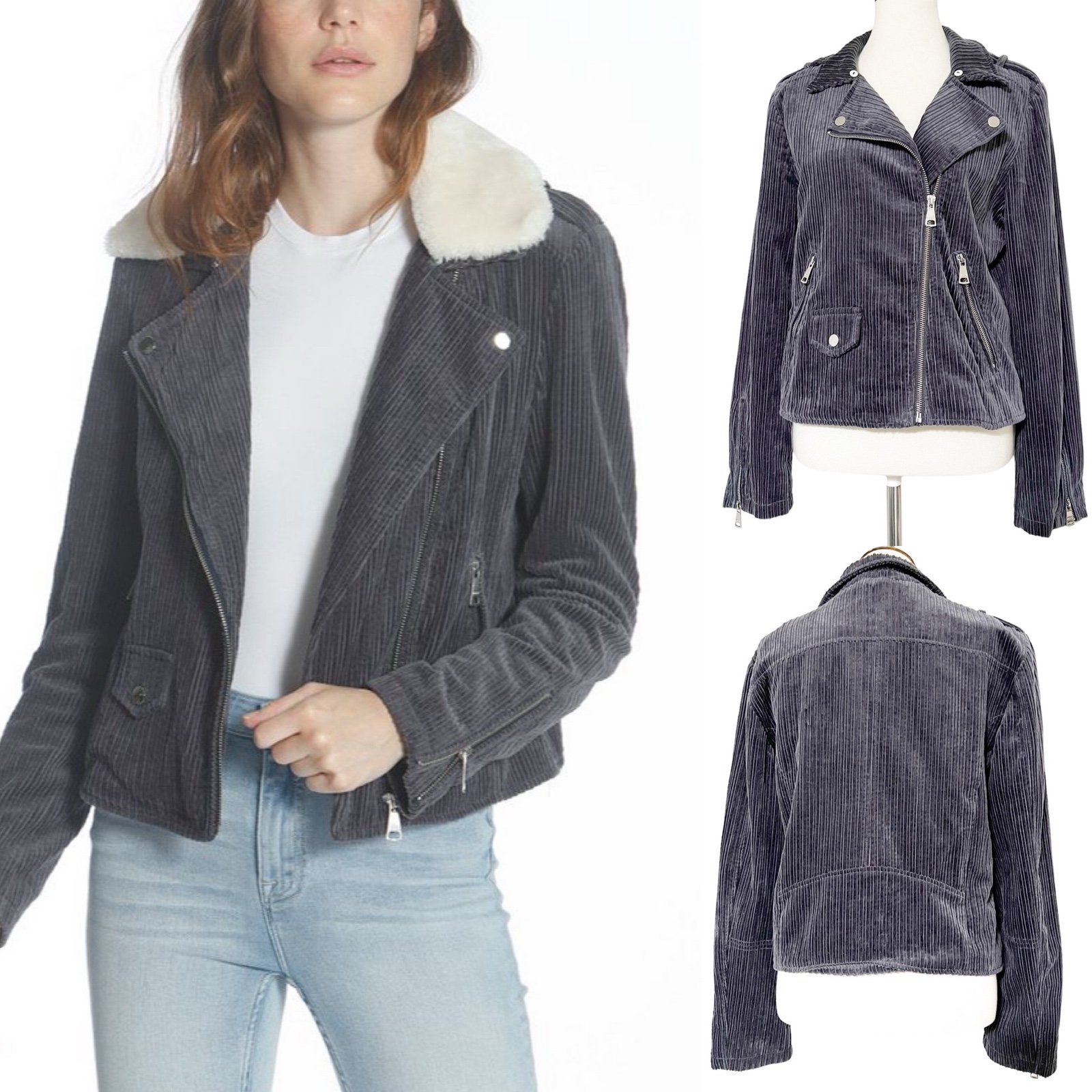 Vigoss Faux-Fur-Collar Corduroy Moto Jacket