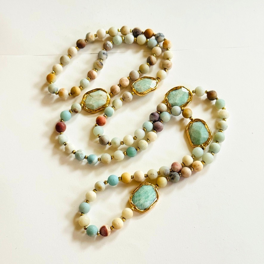 Amazonite stone Necklace natural beads BOHO Single Strand Gold Plated bezel 40