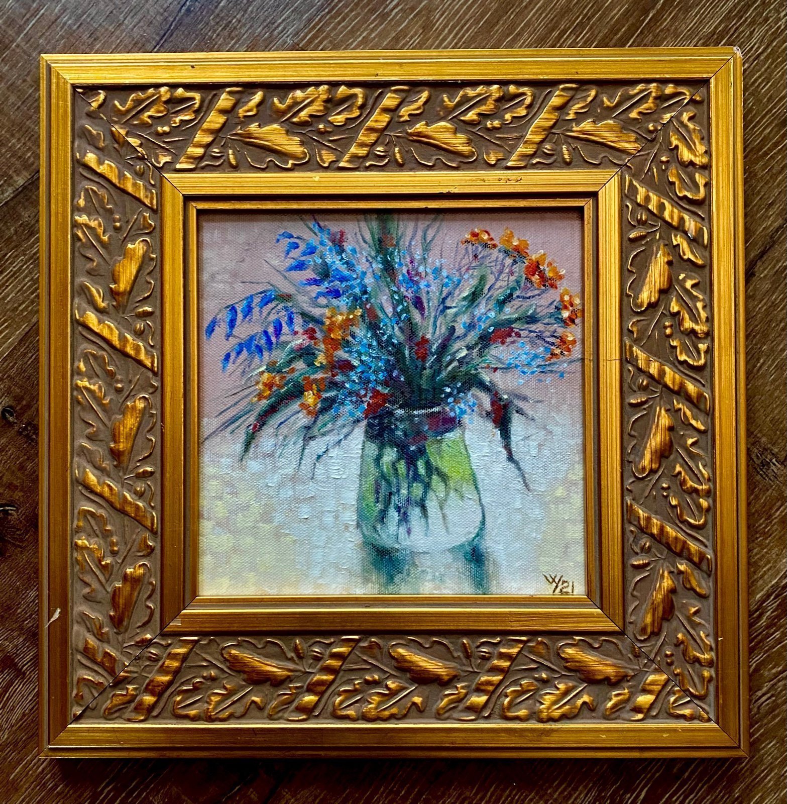 REDUCED Original Signed Gold Leaf Frame Still Life Oil Painting