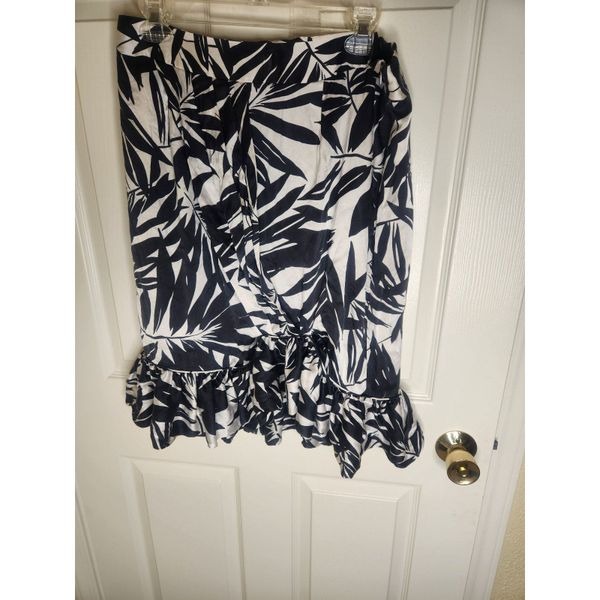 Hilo Hattie L WhiteBlack FloralPrint Ruffle SILKBlend Lined Zip Women Midi Skirt