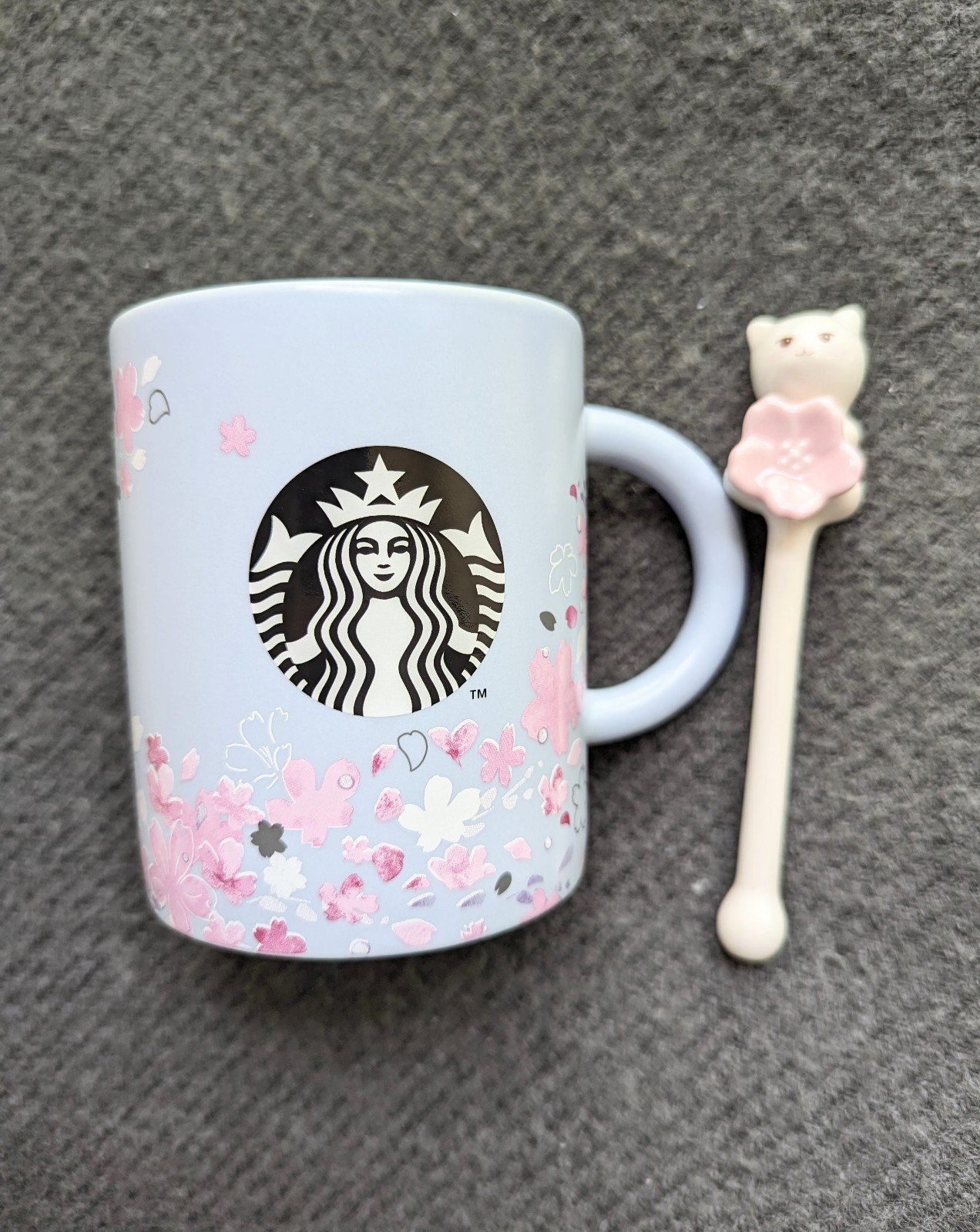 Starbucks Asia 12oz ceramic Sakura mug with cat stirrer BNWT