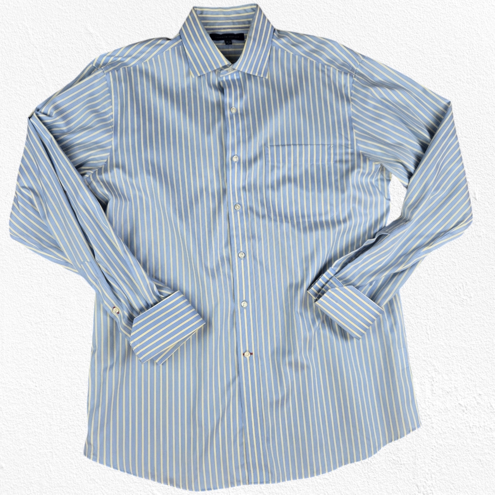 Tommy Hilfiger Blue Yellow Striped Button Up Classic Dress Shirt Size Medium