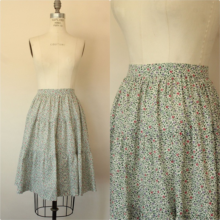 Vintage 1970s 1980s Skirt, Floral Print Calico with Tiered Ruffle Hem