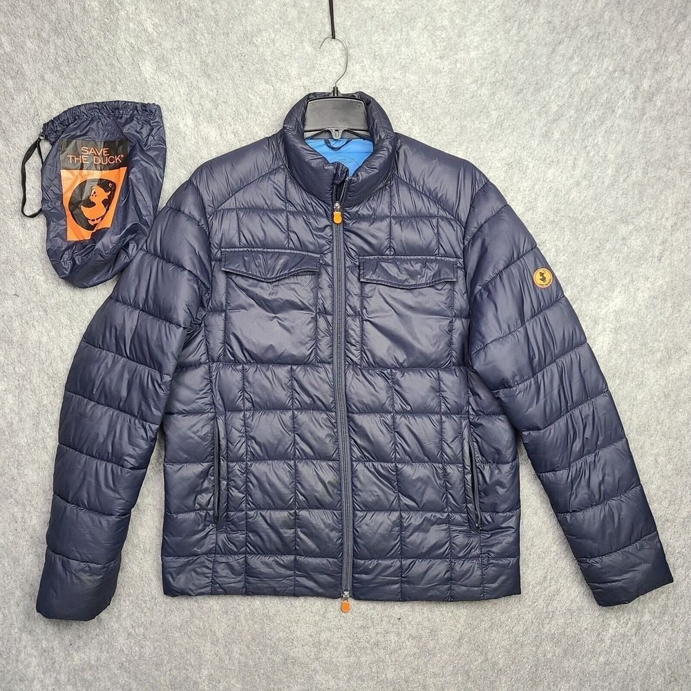 Save the Duck Ultra Light Jacket Men L Blue Plumtech Down Water Resistant W/ Bag