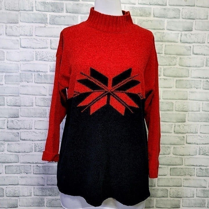 Vintage 80s Jennifer Moore Womens M Oversized Red Black Snowflake Soft Sweater