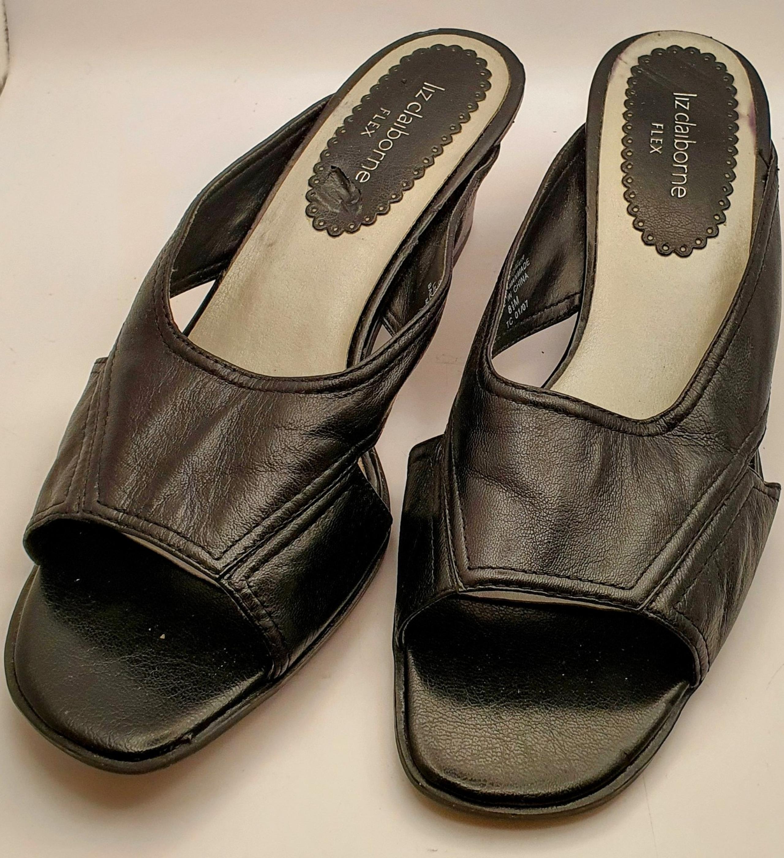Women's Block Heel Sandals Black Leather Open Toe Vintage L Claiborne Flex, 8.5M