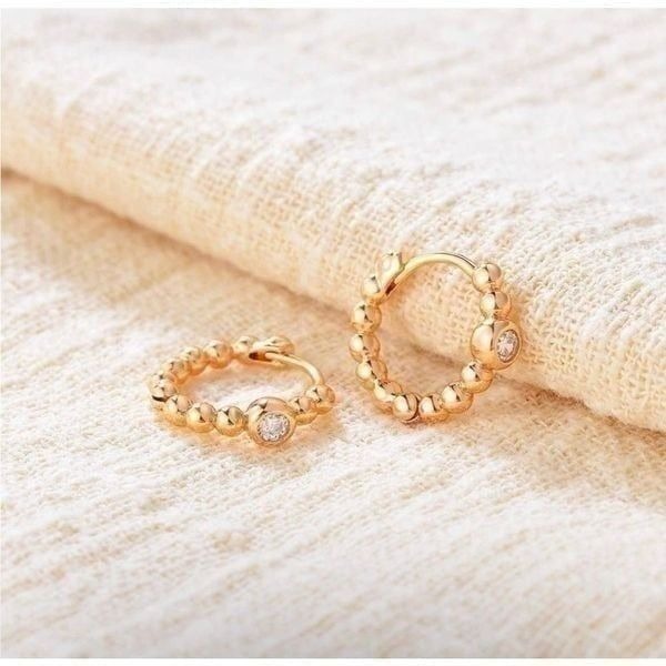 Gold 14k Gold Plated Cubic Zirconia Beaded Hoop Earrings