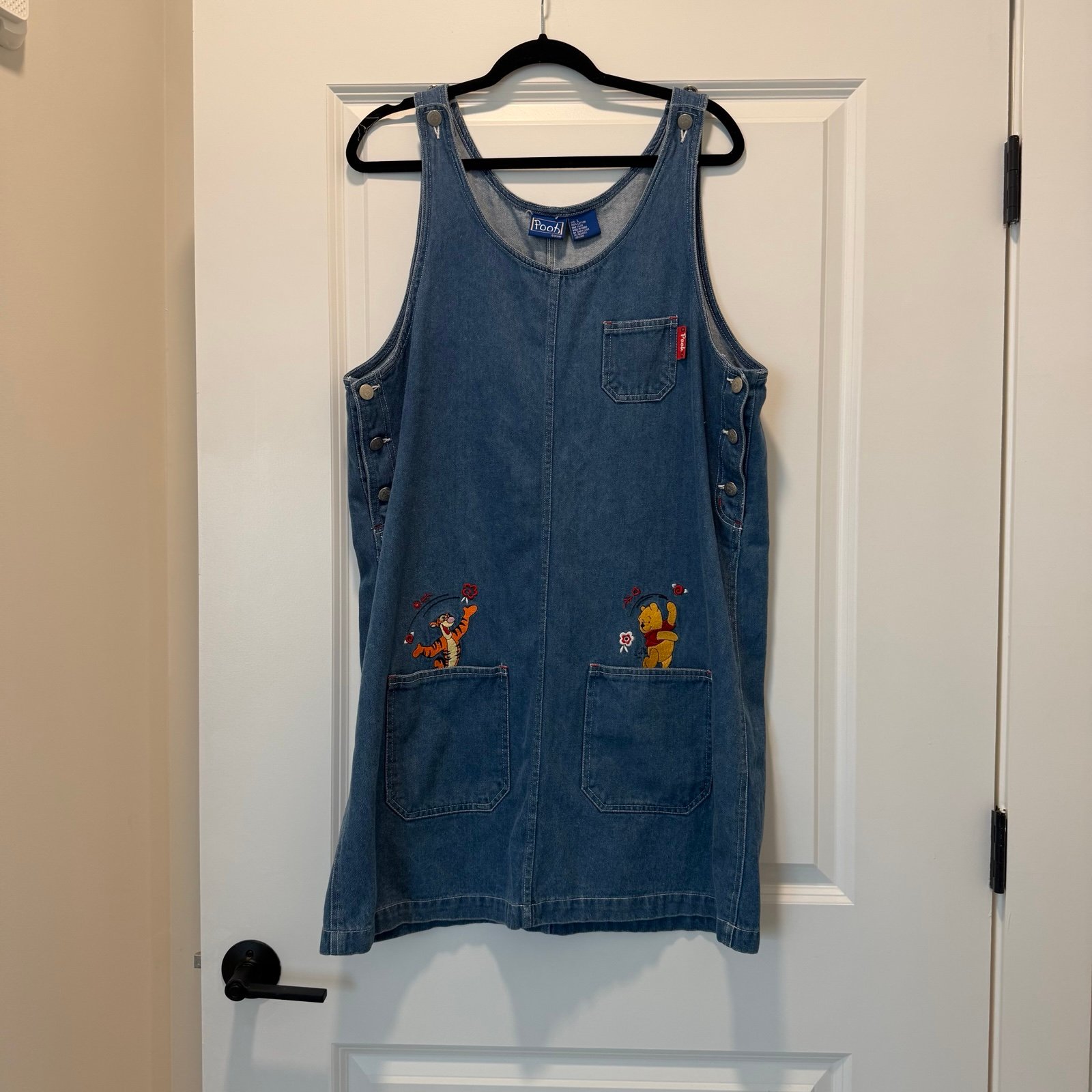 Vintage Disney Store Pooh Denim Pinafore Skirtall Dress Winnie Bear and Tigger