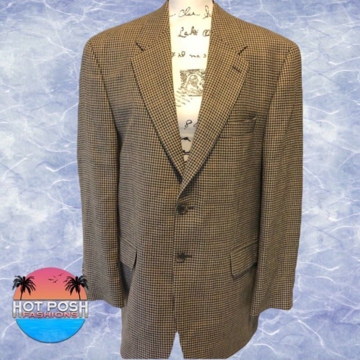 IZOD Vintage Tan Black Tweed Wool Woolmark Sports Coat Blazer size 42R