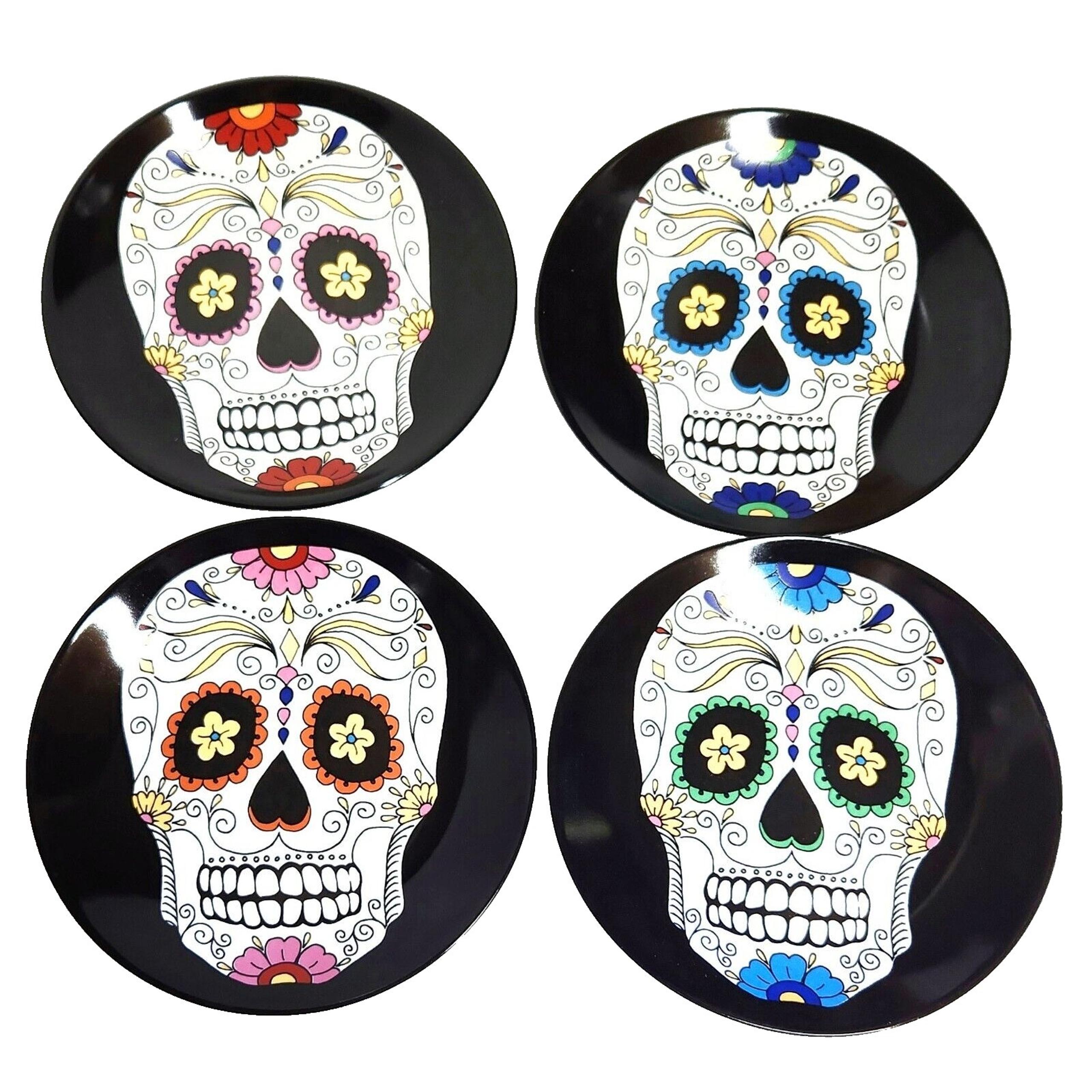 Williams Sonoma Halloween Day of the Dead Appetizer Plate Set Black Porcelain