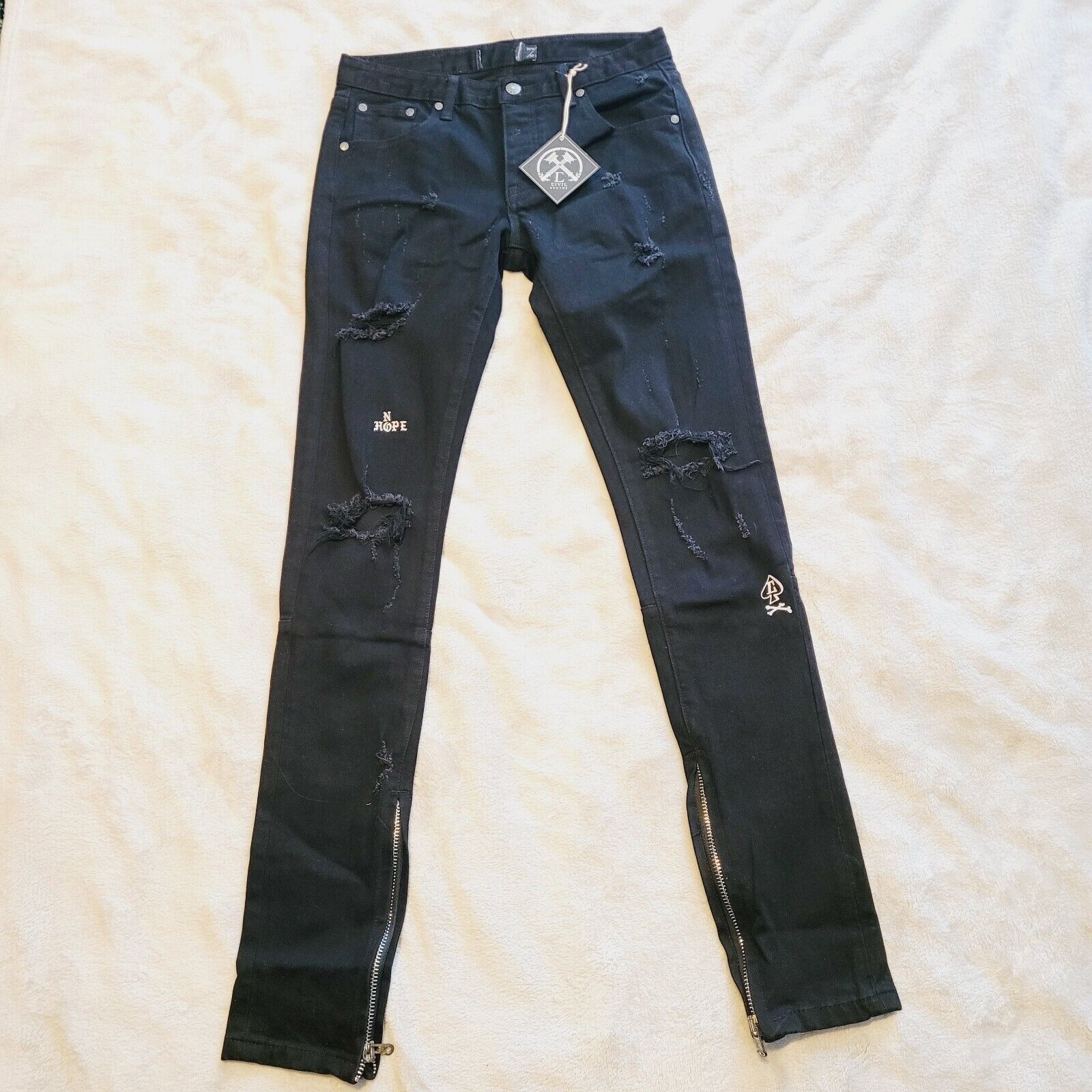 Civil Regime Jeans Mens Size 30x32 Button Fly Ankle Zip Distressed Black NWT