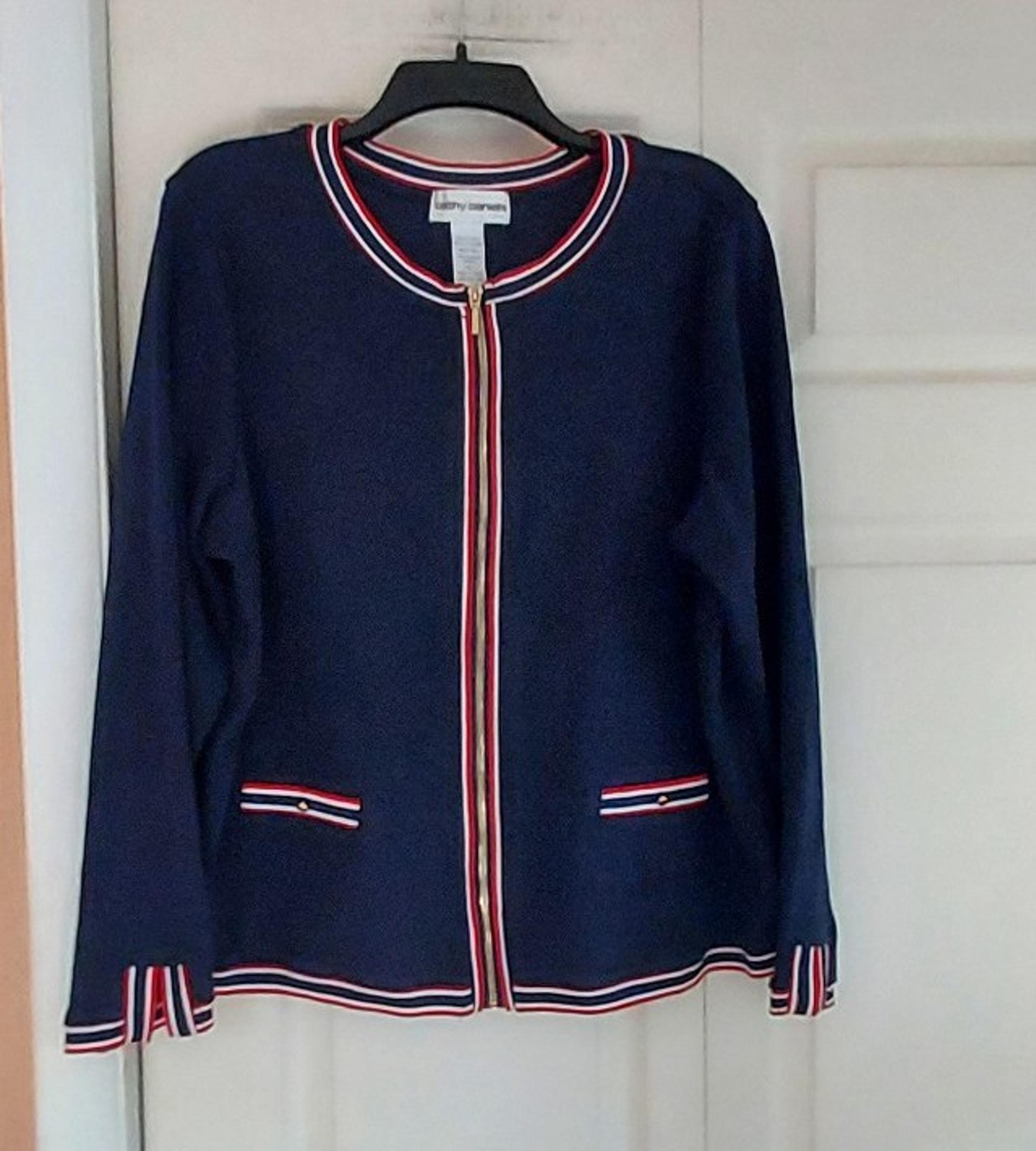 Cathy Daniels Womens XL Navy Red White Zip Front Cardigan Jacket Classic Preppy