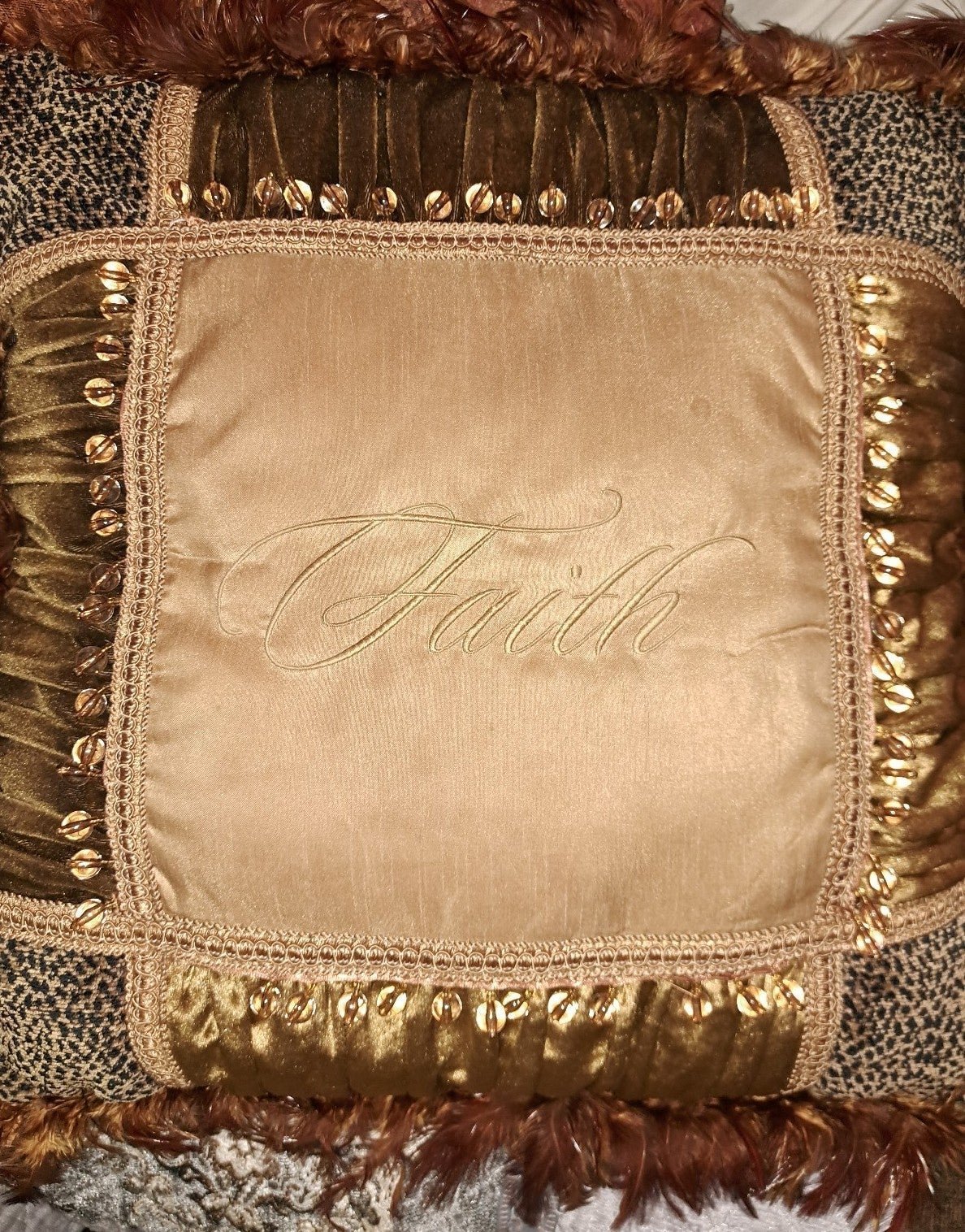 FAITH chenille feather trim and beads pillow FAITH embroidered custom lux