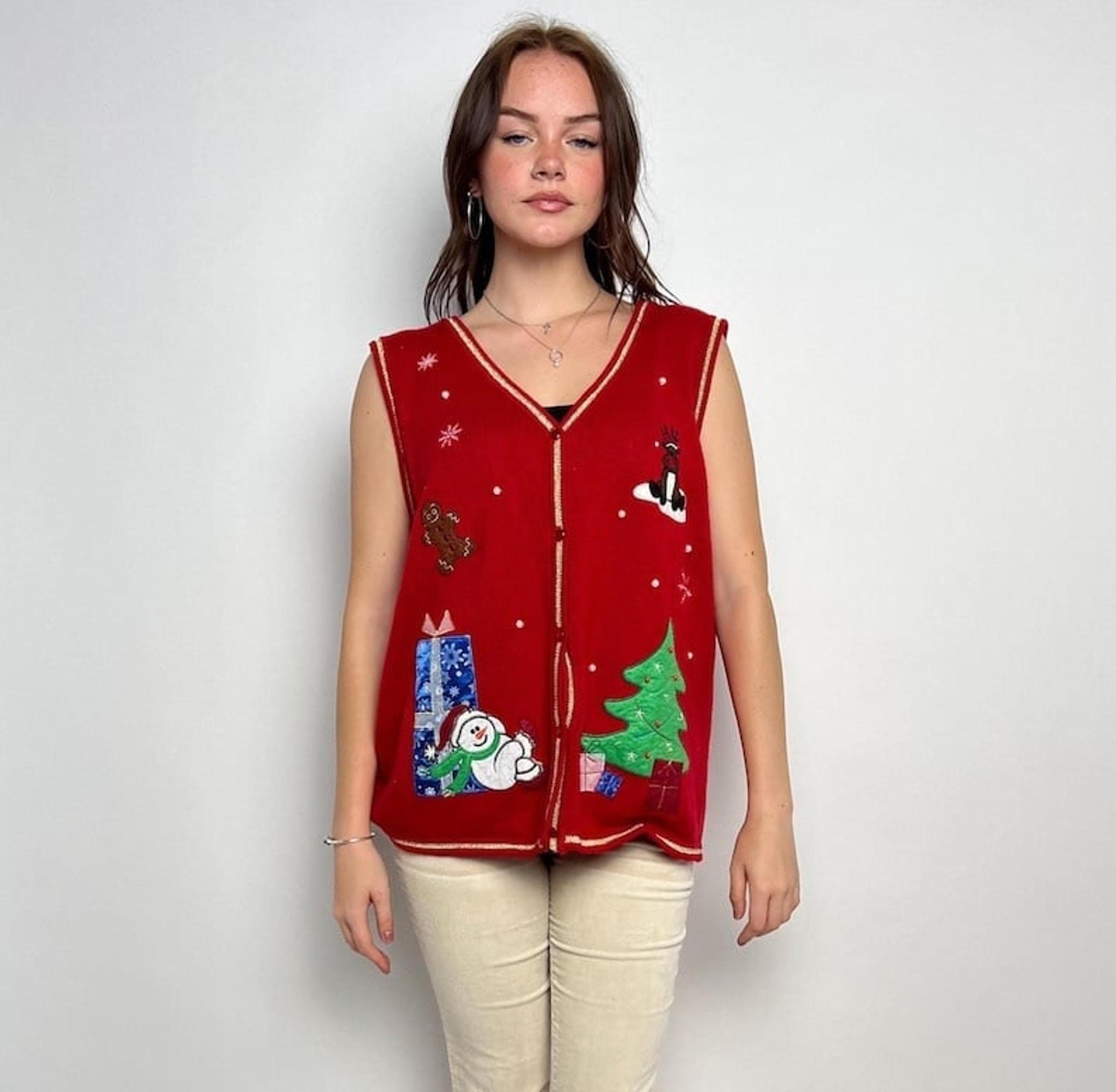 White Stag Womens Sweater Vest Size Large 12/14 Red Christmas Tree Snowman