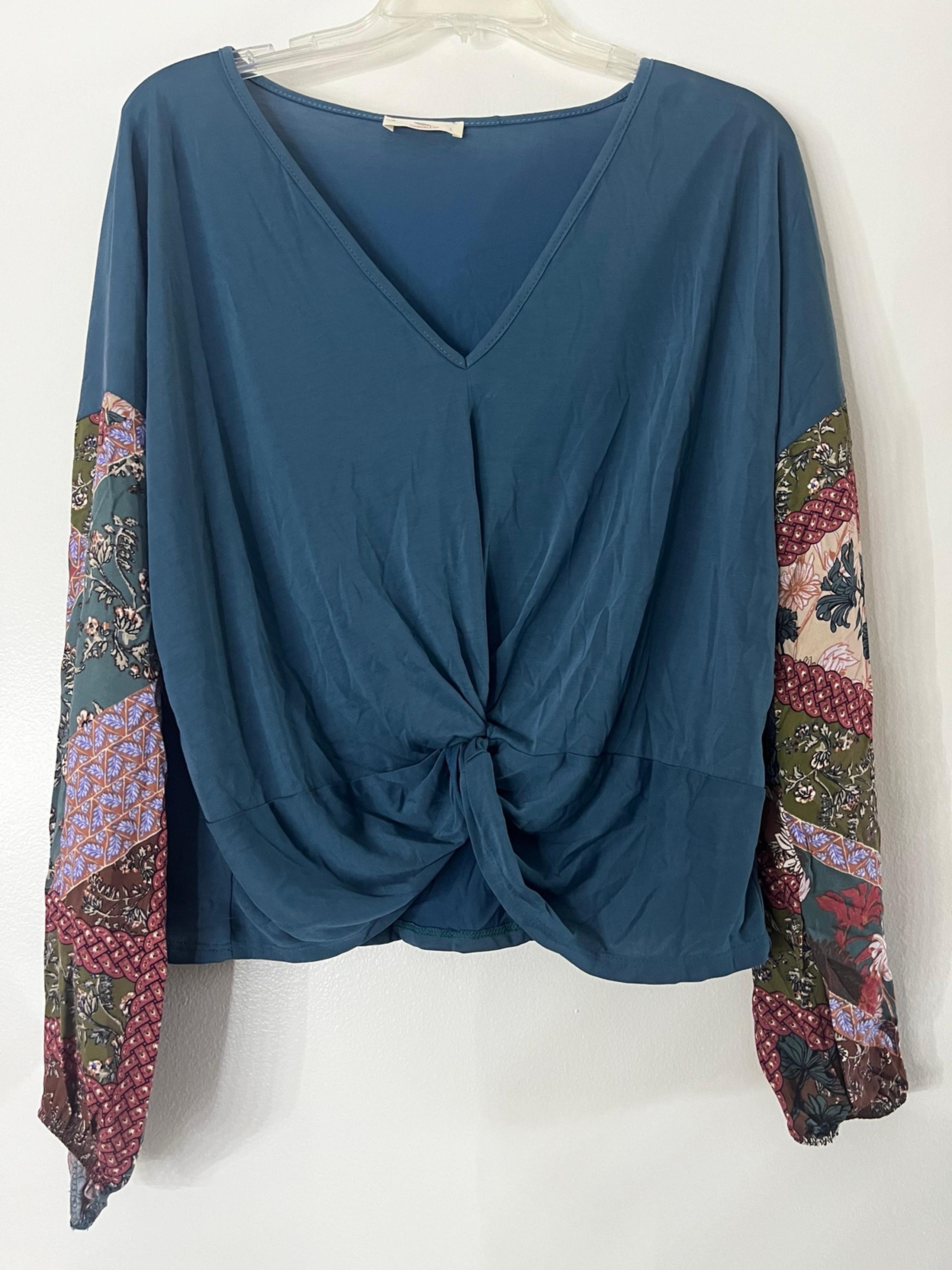 Hummingbird Patchwork Twist Teal Floral Contrast Lantern Sleeve Boho Top Blouse