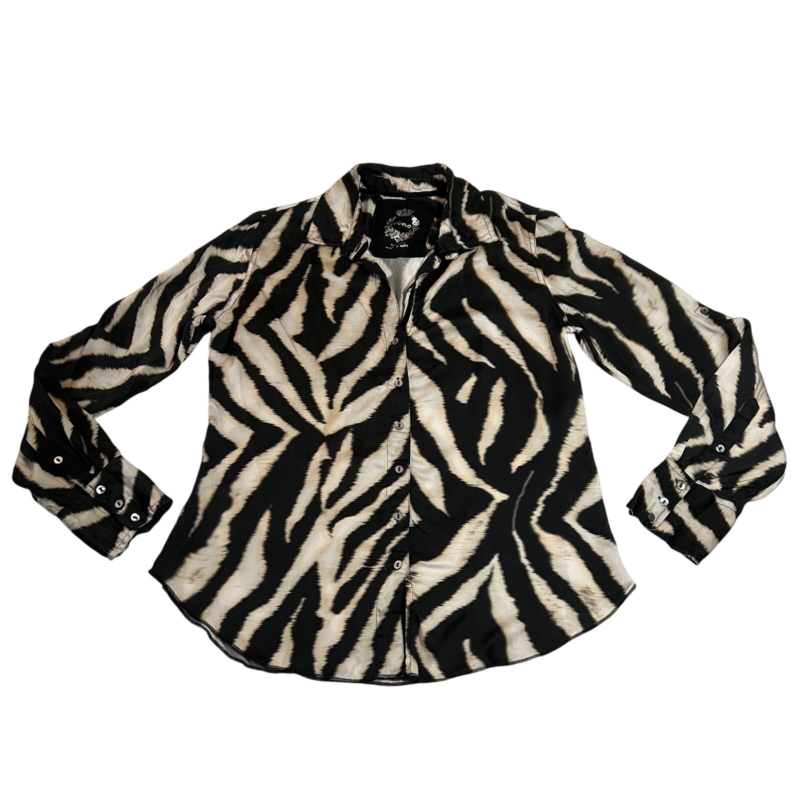 Cino Zebra Print Satin Button Up Shirt Size Medium Roll Tab Sleeve Maximalist