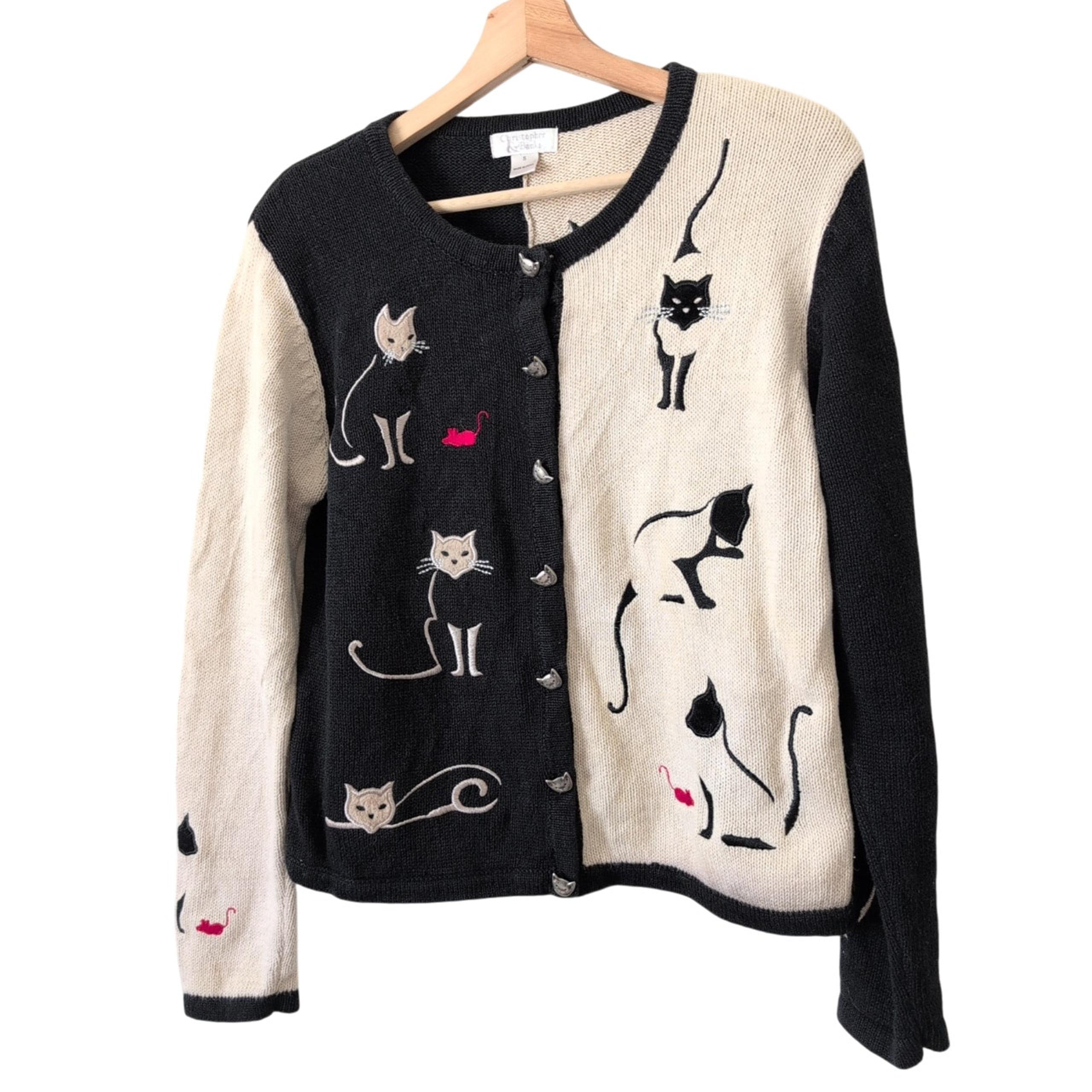VTG Cardigan Sweater Womens Small Black Kitty Embroidered Crazy Cat Lady Kitchy