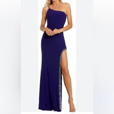 Mac Duggal formal dress maxi purple one shoulder high slit Medium NWT