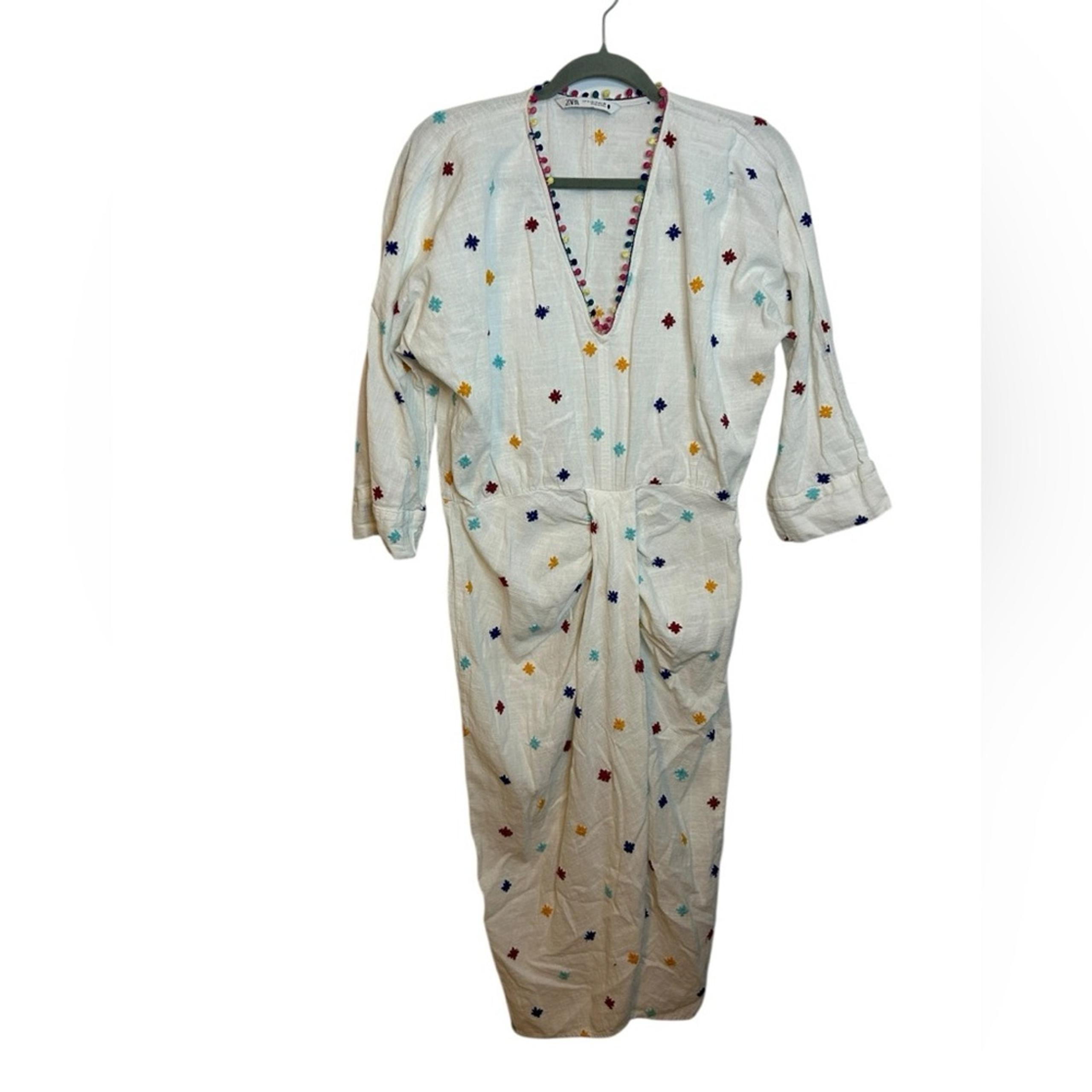 Zara Cotton Pom Pom Embroidered Dress