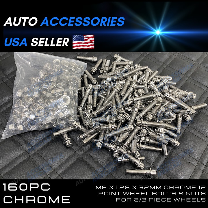 160pcs M8 x 1.25 x 32mm Chrome 12 Point Wheel Bolts & Nuts for 2/3 piece wheels