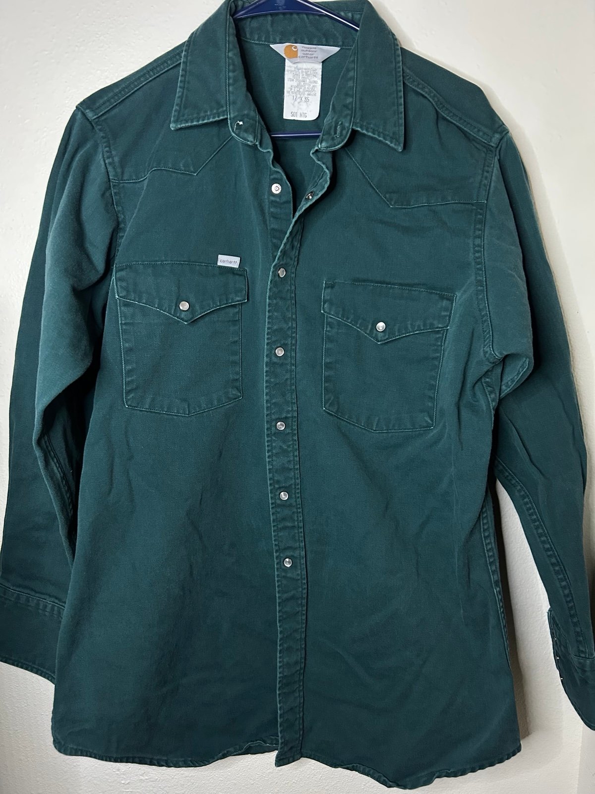 Vintage Carhartt Pearl Snap Men Size Lg Green Western Canvas Work Shirt S01 HTG