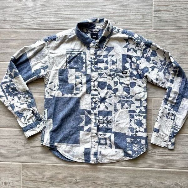 Vans Women's Ashley Blue Geometric Homespun Long Sleeve Woven Top Size X-Small